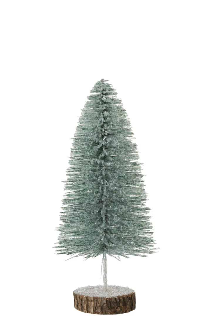 Stoosine kunststof kerstboom groen met glitterafwerking en houten voet, compact 38 cm hoog