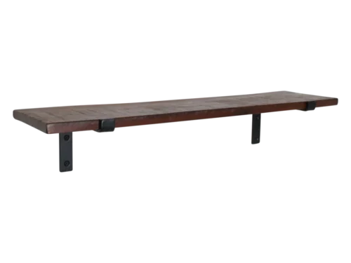 Wandplank Klarnena hout, bruine gerecyclede FSC-plank met zwarte wandsteunen, compact en stoer