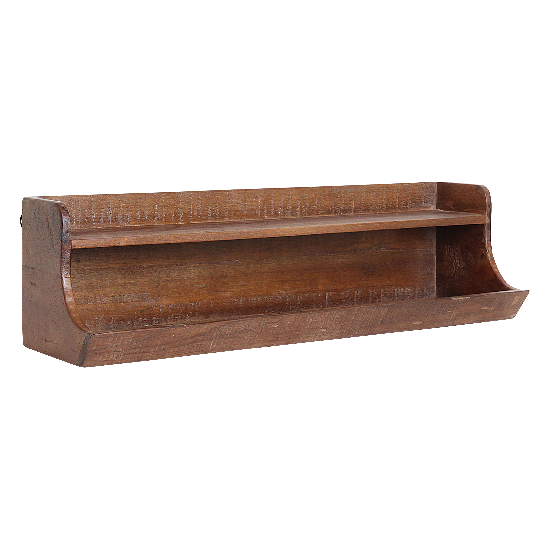 Wandplank Caen van bruin gerecycled hout met dubbel niveau en stevige, warme uitstraling