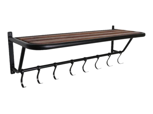 Kapstok Roontello Hout met bruine houten plank en 8 zwarte haken, wandmodel met robuuste uitstraling