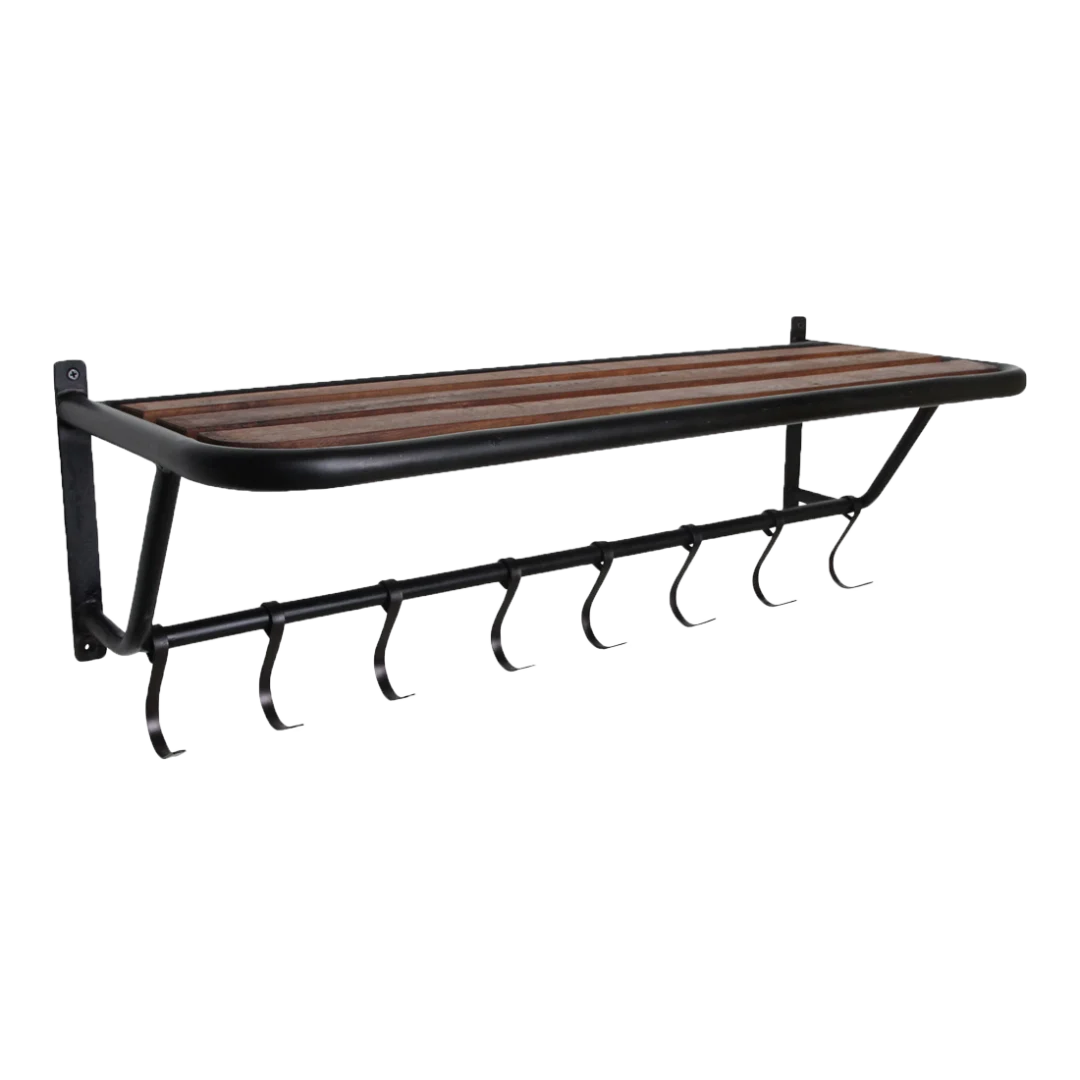 Kapstok Roontello Hout met bruine houten plank en 8 zwarte haken, wandmodel met robuuste uitstraling