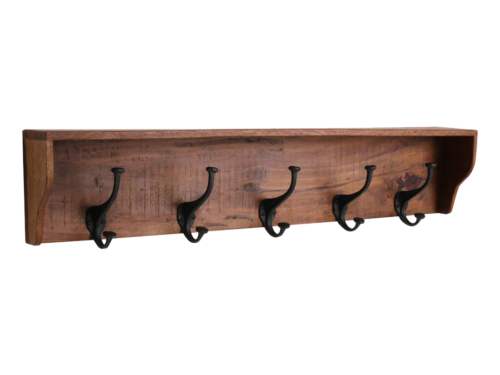 Kapstok Ristel hout met vijf vintage haken in bruin FSC-gerecycled hout, old style wandmodel