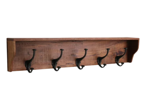 Kapstok Ristel hout met vijf vintage haken in bruin FSC-gerecycled hout, old style wandmodel