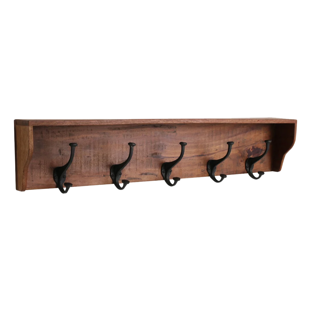 Kapstok Ristel hout met vijf vintage haken in bruin FSC-gerecycled hout, old style wandmodel