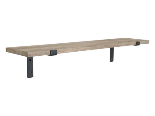 Wandplank Rieskan van mangohout 80 cm met zwarte metalen beugels, natuurlijke warme uitstraling