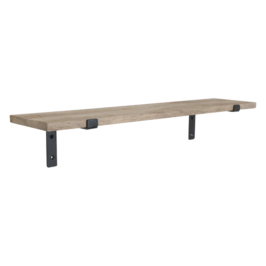 Wandplank Rieskan van mangohout 80 cm met zwarte metalen beugels, natuurlijke warme uitstraling