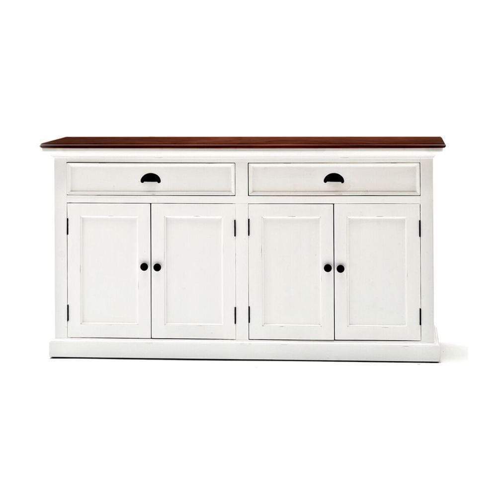 Dressoir Hubos Wit 145 cm met bruine bovenkant, 2 lades en 4 deurtjes, strak en ruim opbergmeubel