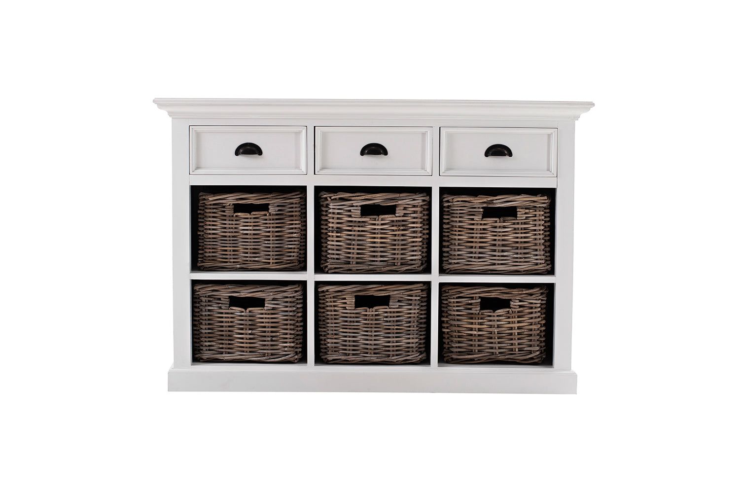 Hostena wit dressoir van MDF, 125 cm breed, met 3 lades en 6 gevlochten opbergmanden