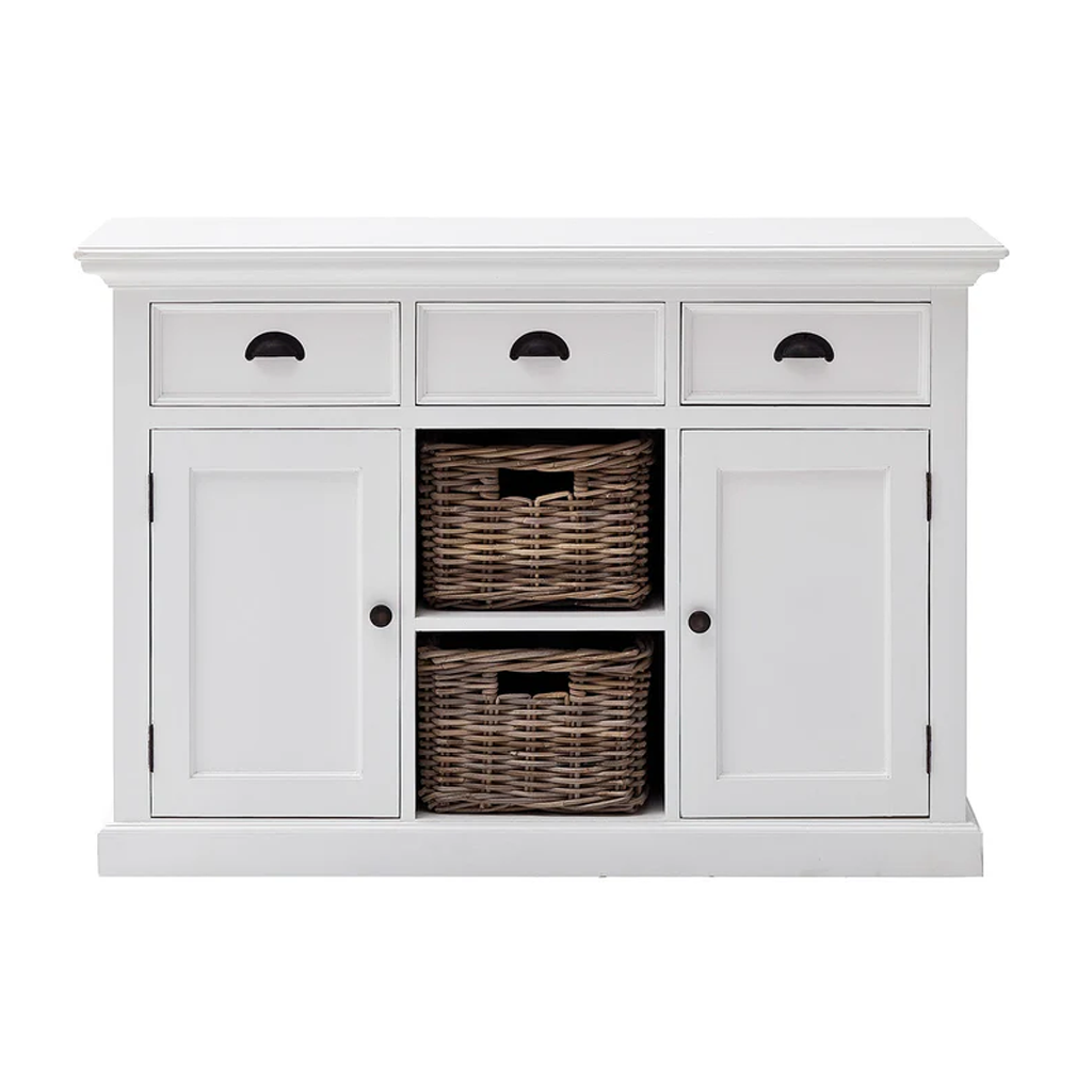 Wit dressoir Sleelvira 125 cm met 3 lades, 2 deuren en open vakken met manden