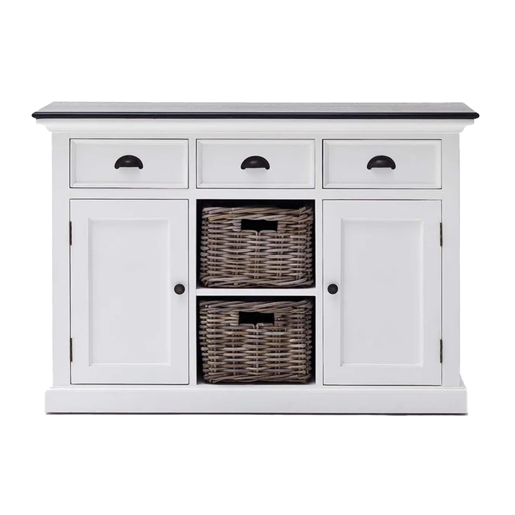 Dressoir Flausena Wit met 3 laden, 2 deuren en open vakken, wit MDF met zwarte accenten