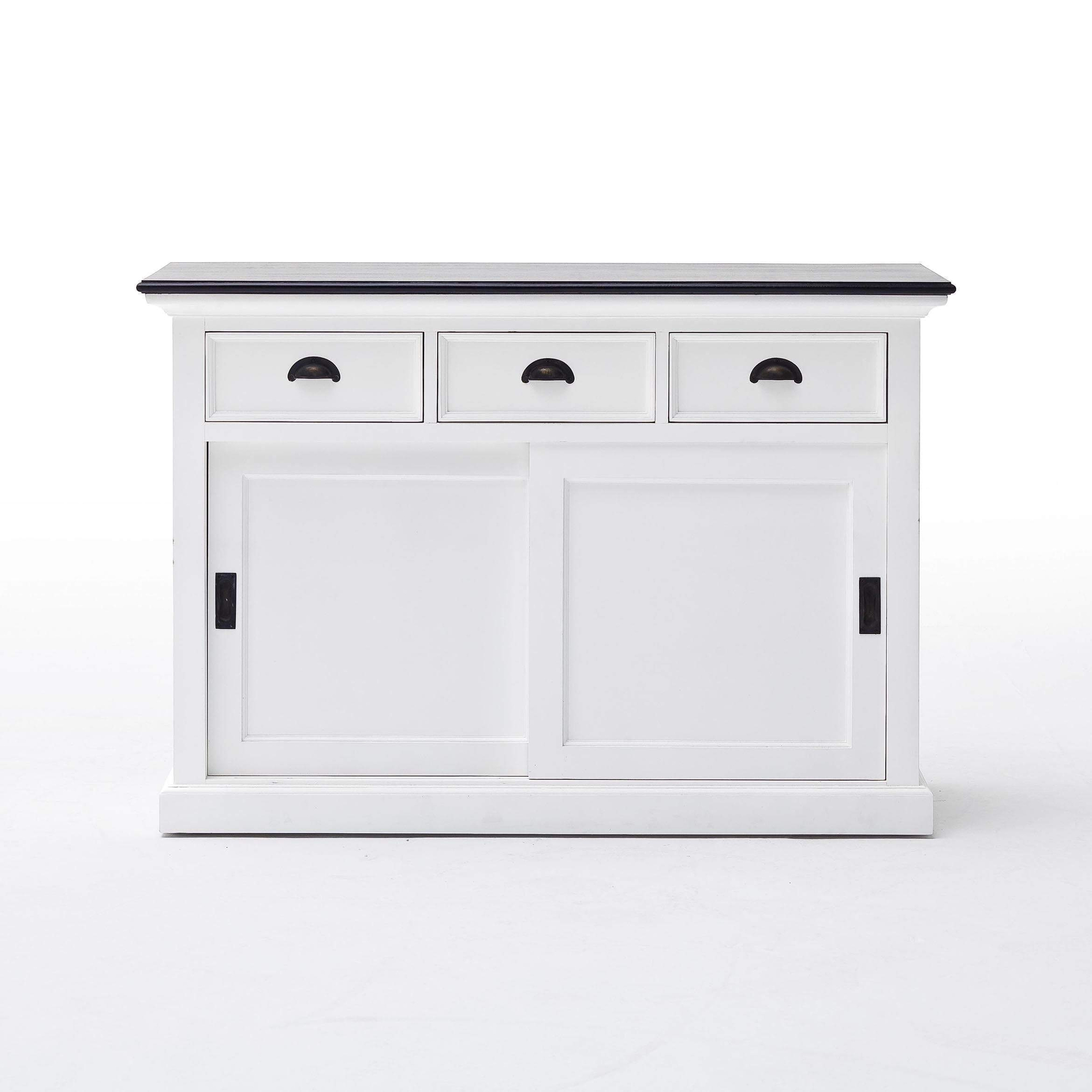 Wit dressoir Zeellar 125 cm met 3 lades, schuifdeuren en zwarte handgrepen