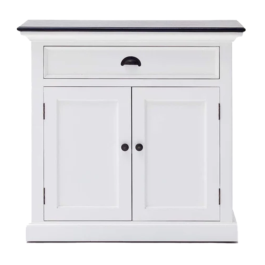 Dressoir Samos Wit met lade en 2 deuren, compact wit MDF kastje met zwart blad en handgrepen