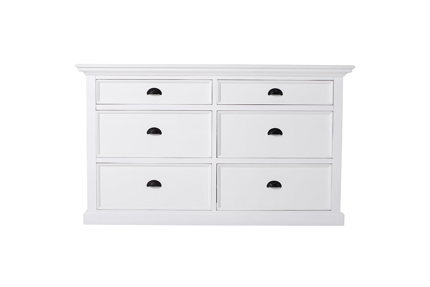 Ladekast Binonte wit 145 cm met 6 lades en zwarte handgrepen, ruime MDF opberger