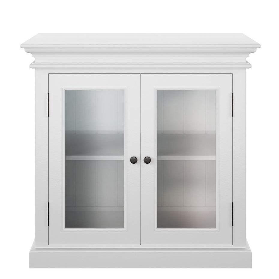 Dressoir Bjorn Wit met twee glazen deuren, compact MDF opbergmeubel in witte afwerking