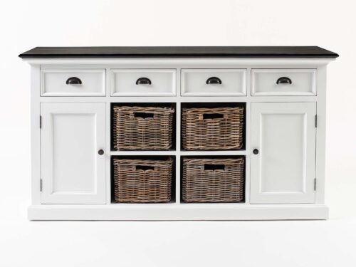Mand Vooldek MDF wit dressoir met zwarte bovenkant, 4 laden, 2 deuren en 4 rieten manden