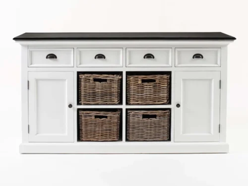 Mand Vooldek MDF wit dressoir met zwarte bovenkant, 4 laden, 2 deuren en 4 rieten manden