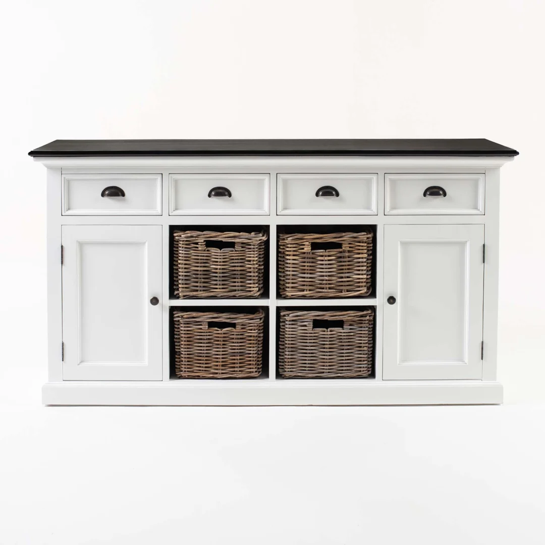 Mand Vooldek MDF wit dressoir met zwarte bovenkant, 4 laden, 2 deuren en 4 rieten manden