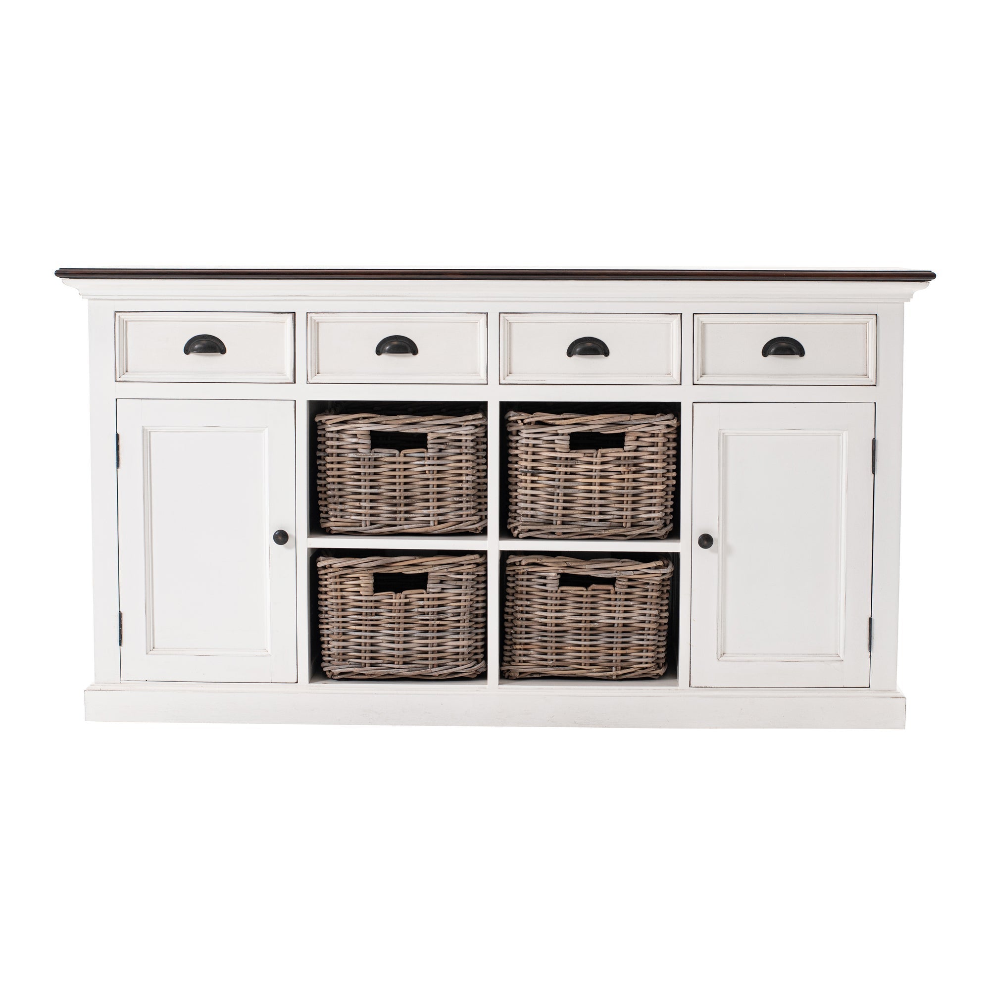 Mand Breedand MDF Wit, wit dressoir met 4 lades, 2 deuren en 4 rieten mandvakken voor extra opbergruimte