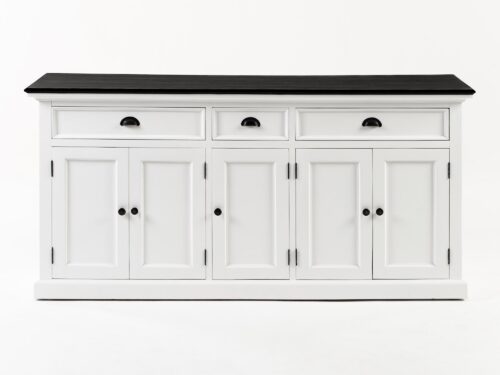 Dressoir Monsu Wit met zwart blad, drie lades en vier deuren, strak MDF design
