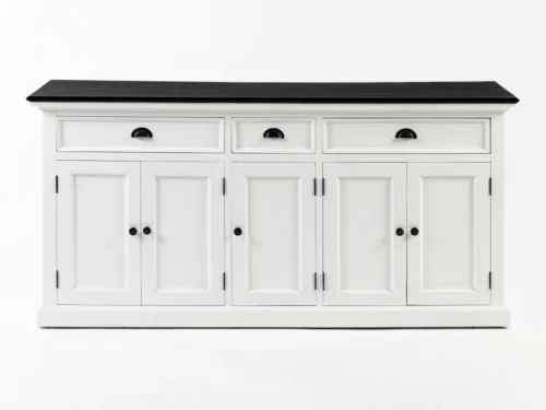 Dressoir Monsu Wit met zwart blad, drie lades en vier deuren, strak MDF design
