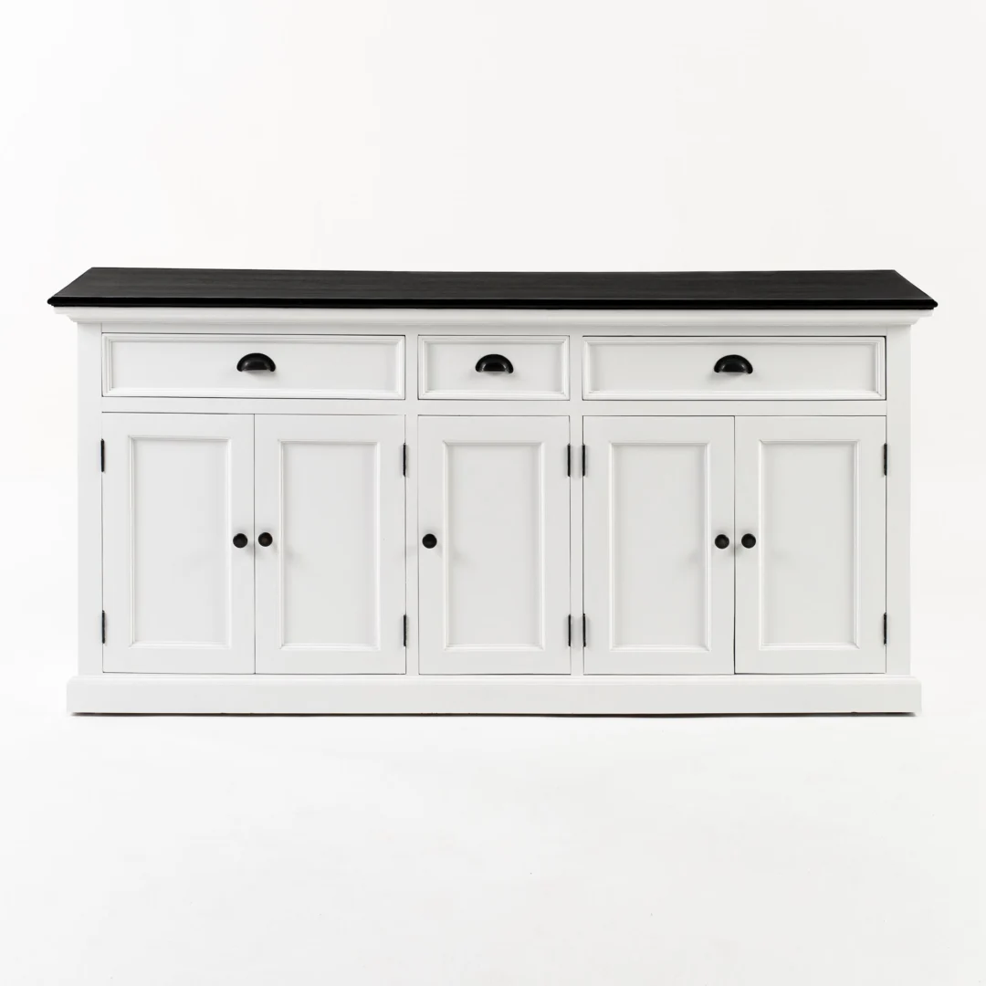 Dressoir Monsu Wit met zwart blad, drie lades en vier deuren, strak MDF design