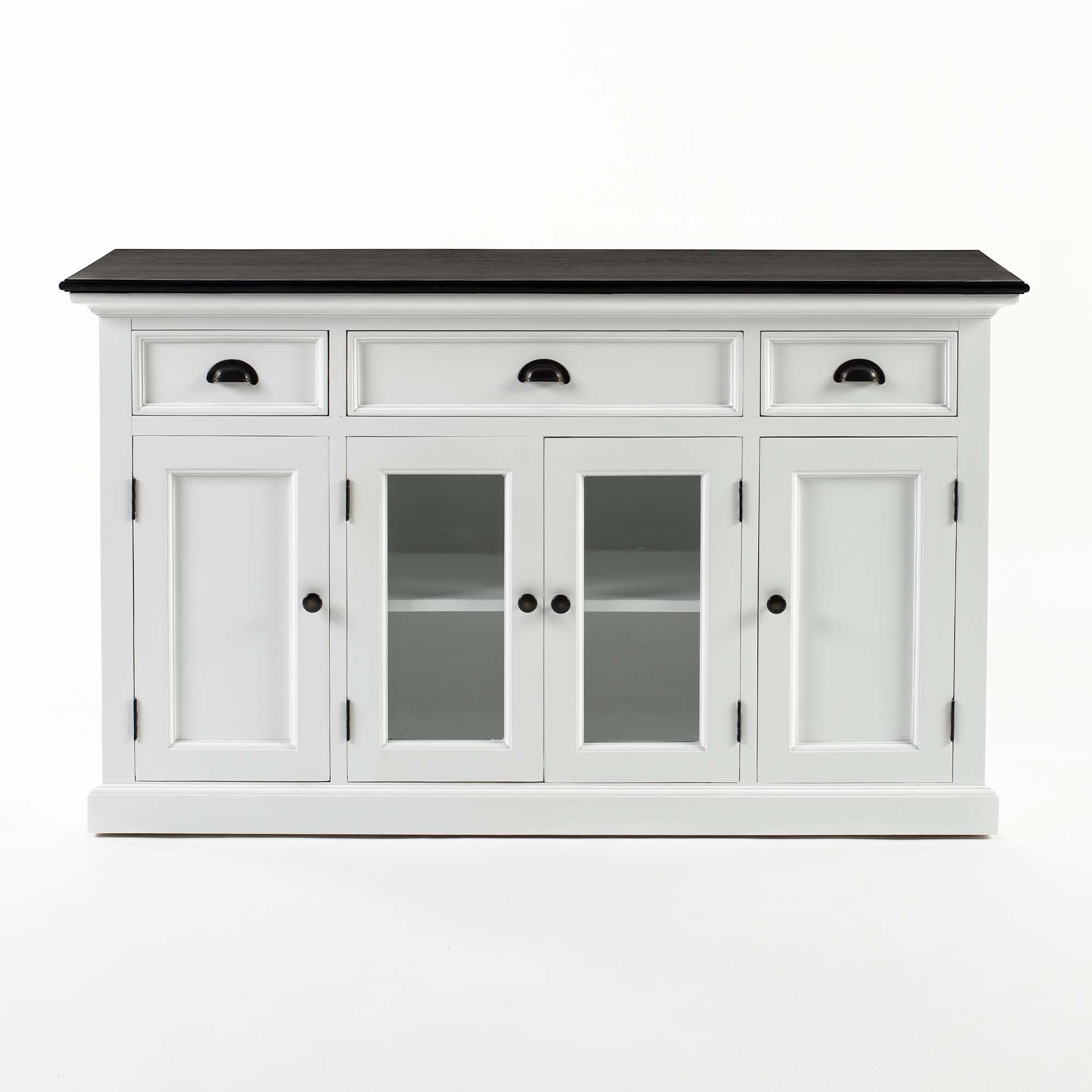 Witte ladekast Durdone 145 cm met donkere bovenplaat, 3 lades en 4 deuren, strak en ruim