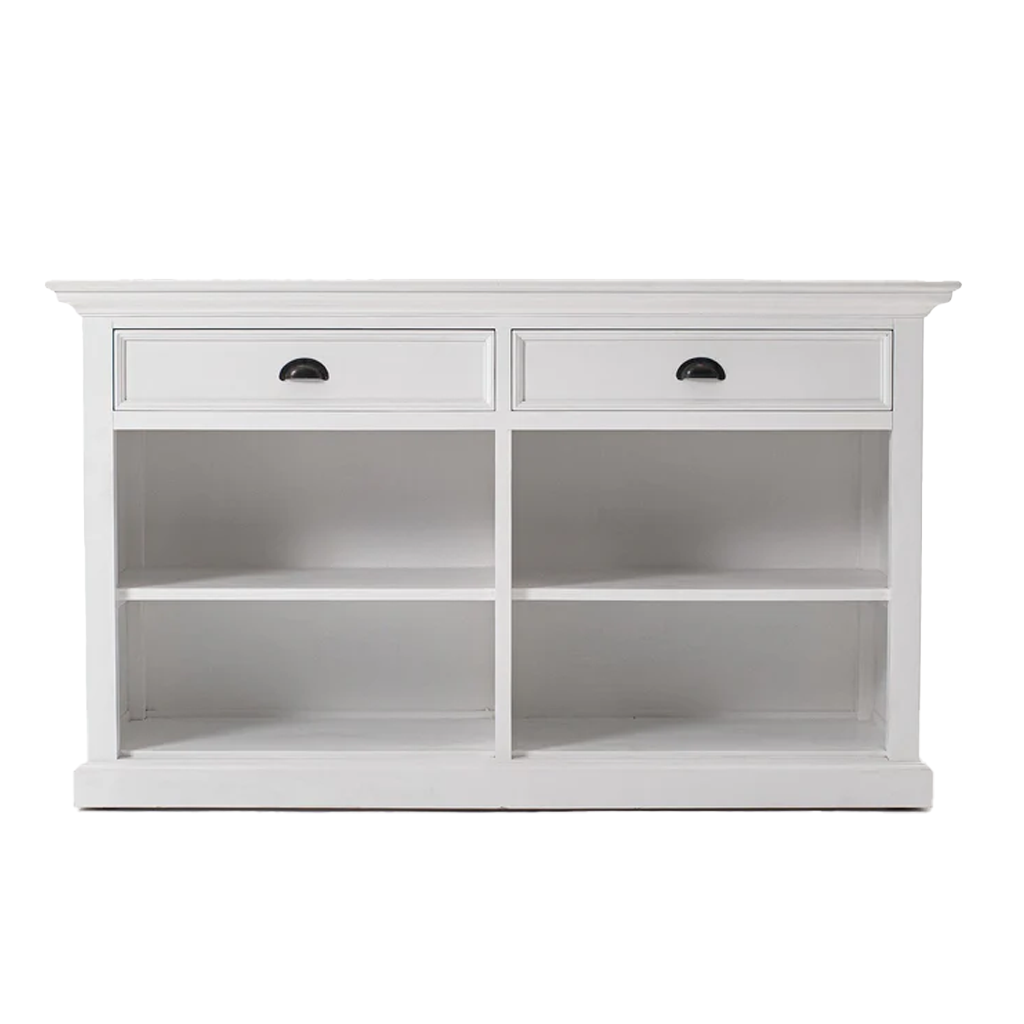Ladekast Breskoro wit 145 cm met 2 lades en open vakken, ruime MDF opbergkast voor woonaccessoires