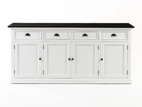 Dressoir Flaantira Wit met 4 deuren, 4 lades en zwart bovenblad, strak MDF-design voor veel opbergruimte
