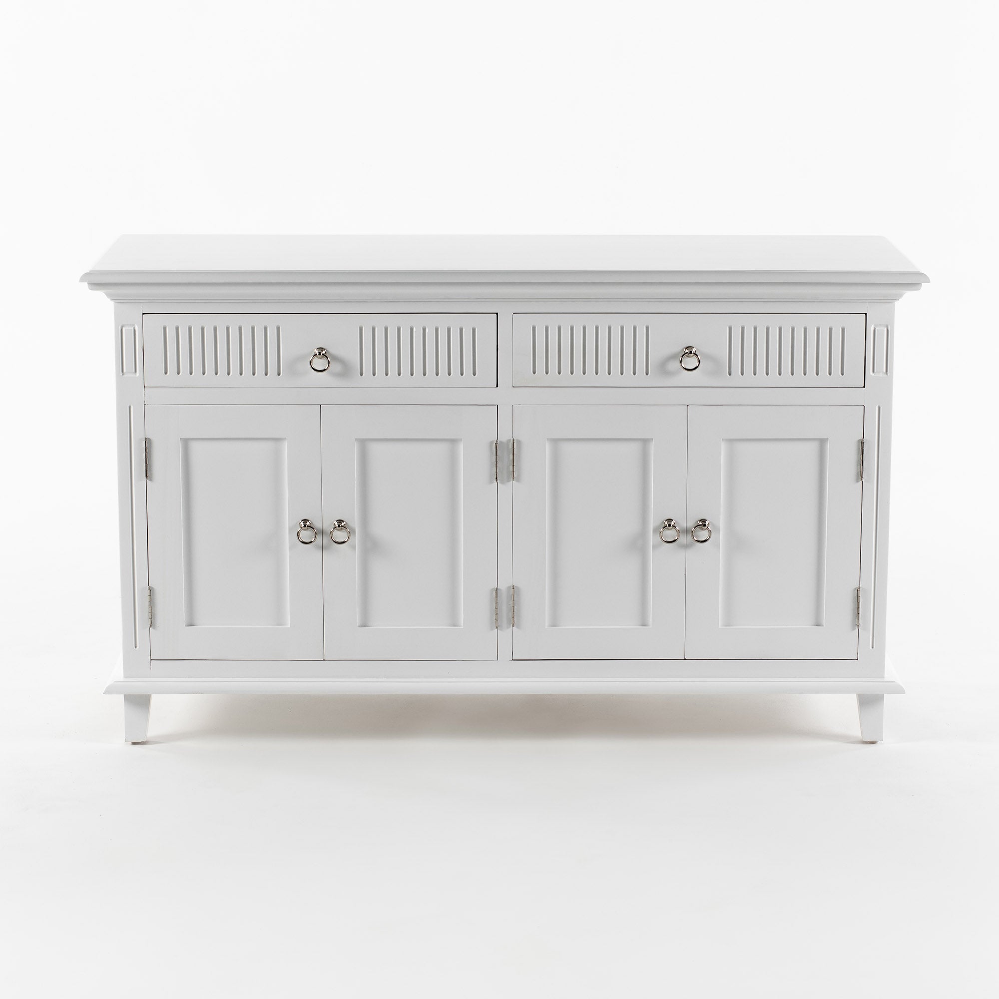 Witte Buffetkast Grermonte met 4 deuren, lades en ringgrepen, strak Scandinavisch design