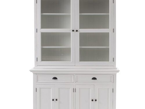 Dressoir Fisty Wit met vitrinedeuren, open vakken en twee lades, wit MDF met royale opbergruimte