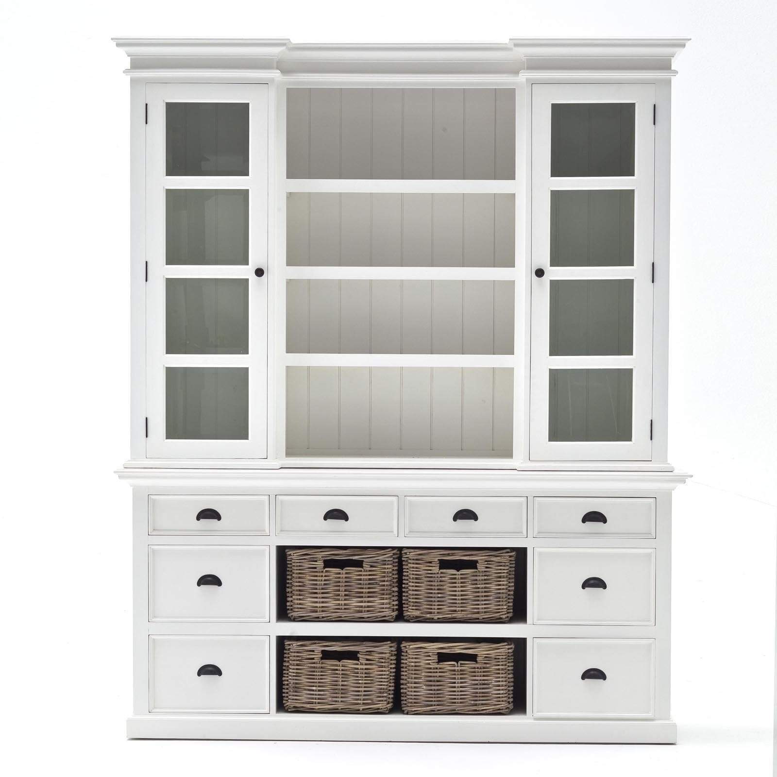 Dressoir Causan Wit 220 cm met vitrinedeuren, lades en mandenvakken, ruime opbergkast in strak wit design