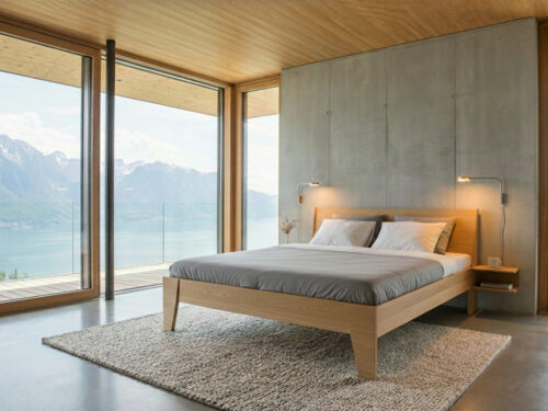 Bed Vasir Wit in eikenfineer met stevig frame en licht gekanteld hoofdeinde in moderne slaapkamer