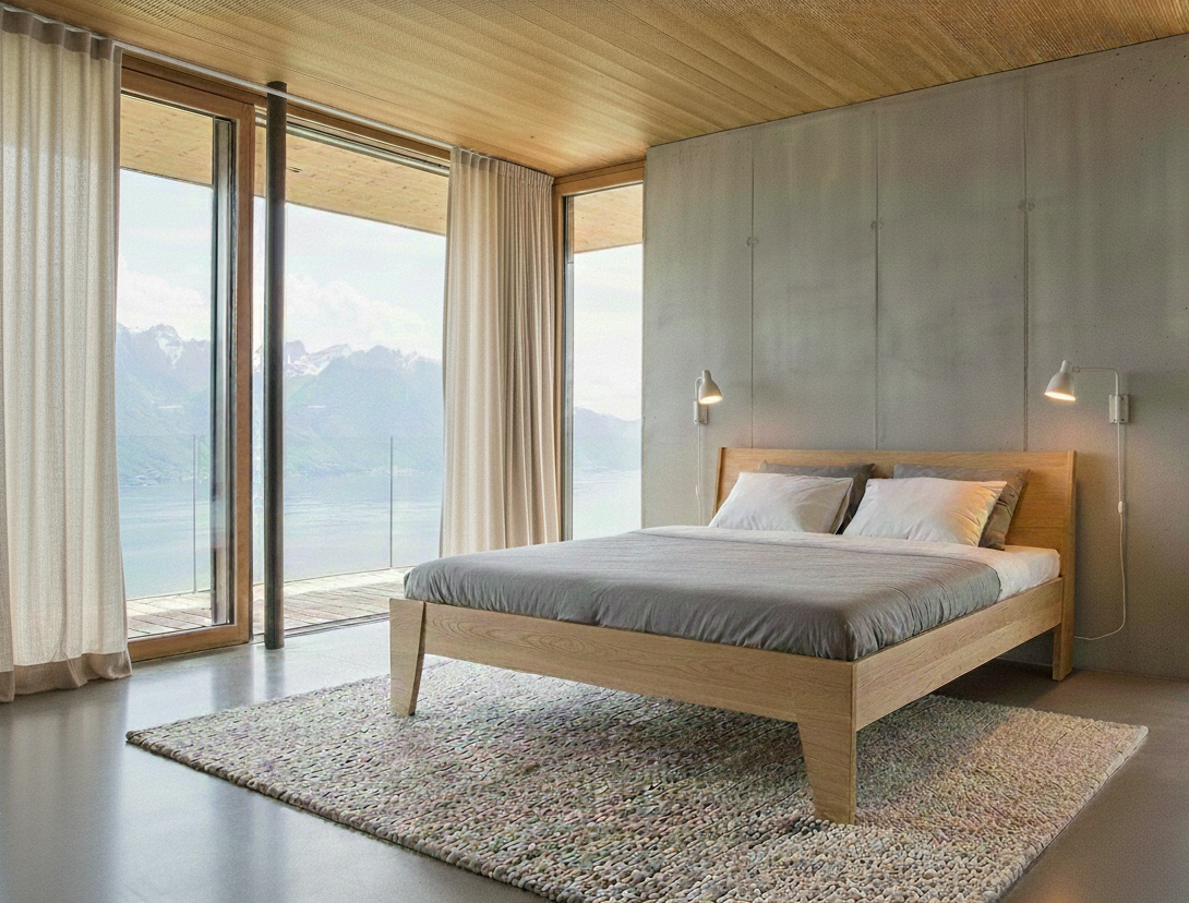 HUH-bed Maannir 97x209 in eikenfineer met schuin hoofdeinde en lattenbodem, in moderne slaapkamer