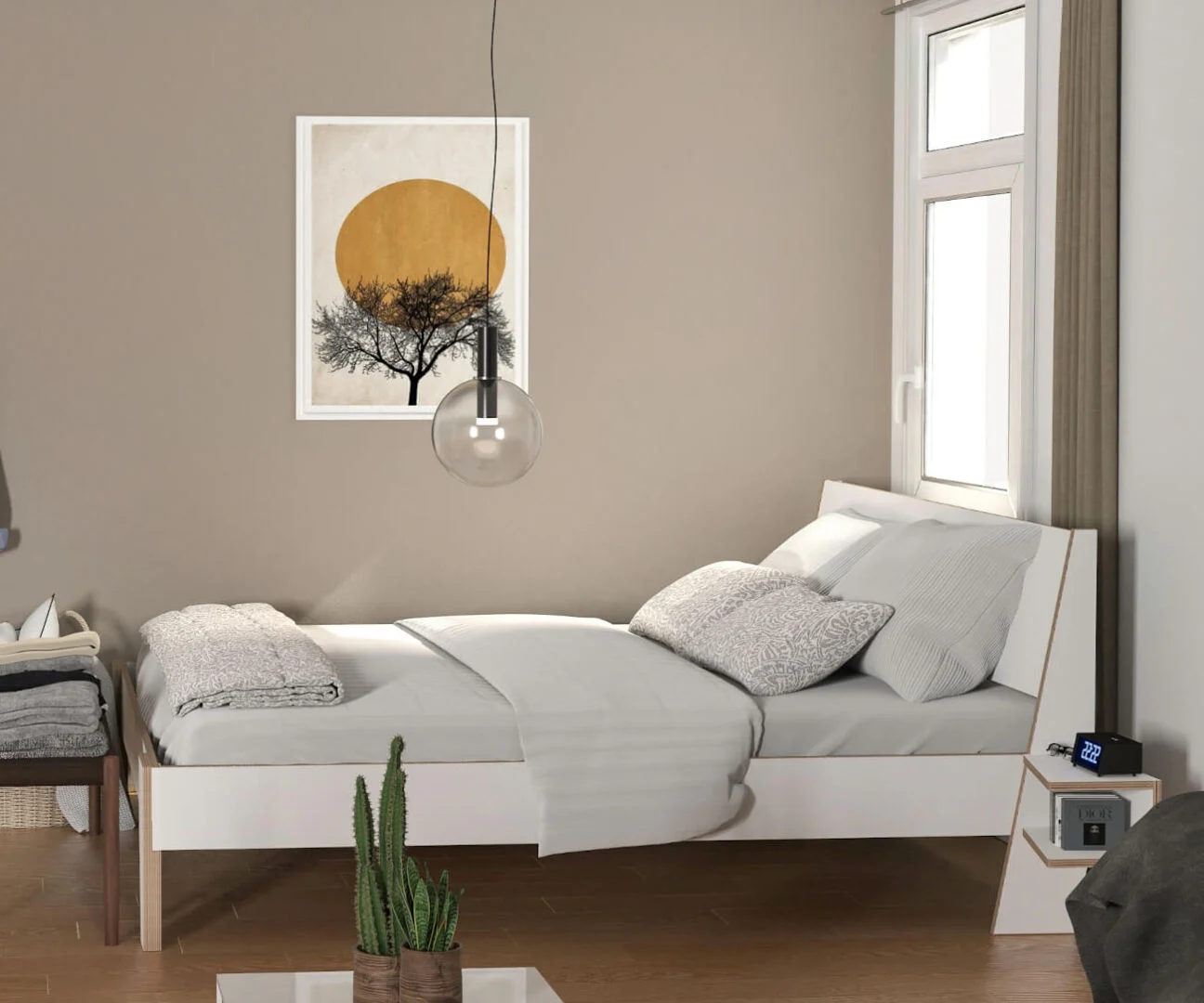 Bed Zeenno Wit met strak wit hoofdbord, lattenbodem en robuust modern design in rustige slaapkamer