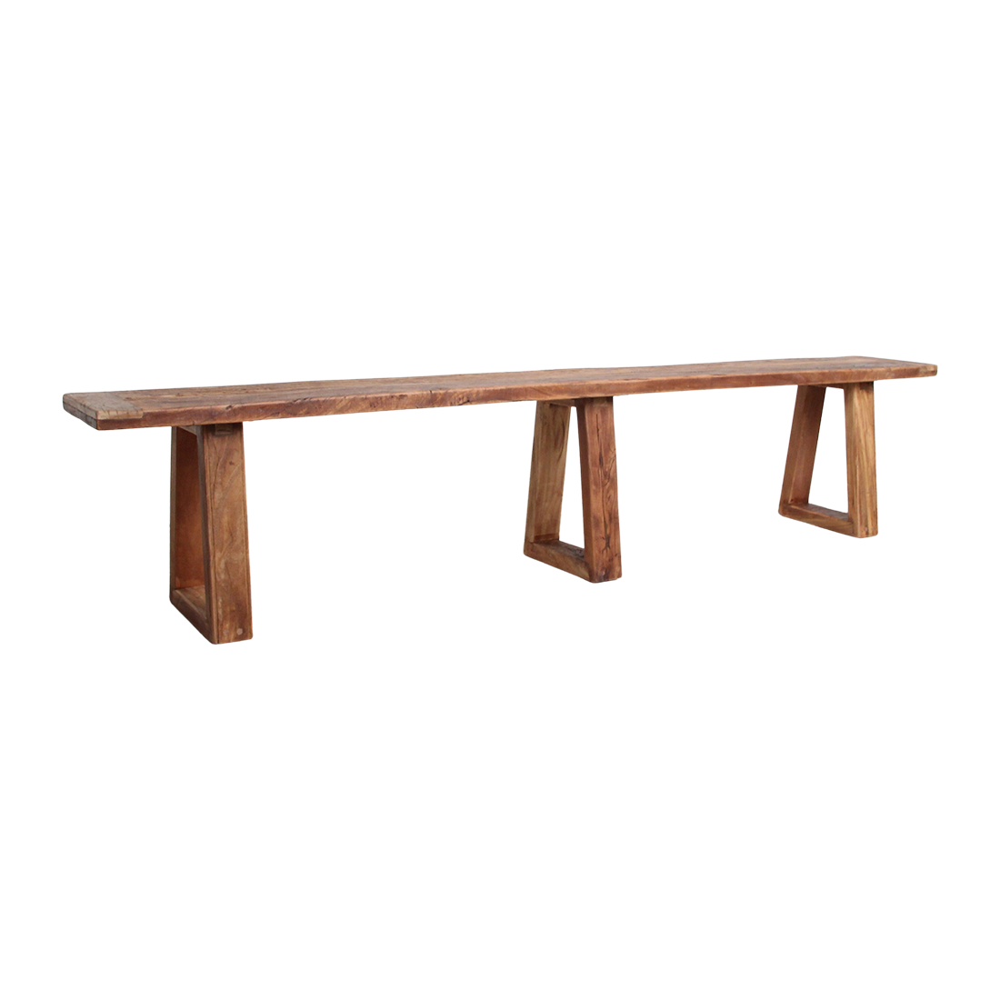 Bruine Funson eetkamerbank van gerecycled hout, 220 cm lang met slank open onderstel en robuuste uitstraling