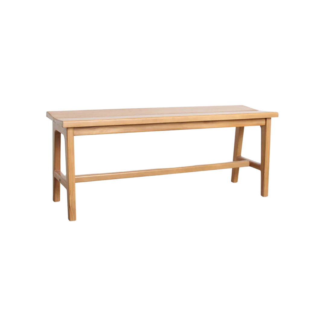 Bankje Vito in beige teakhout met strak tijdloos design en open onderstel, 120 cm lang