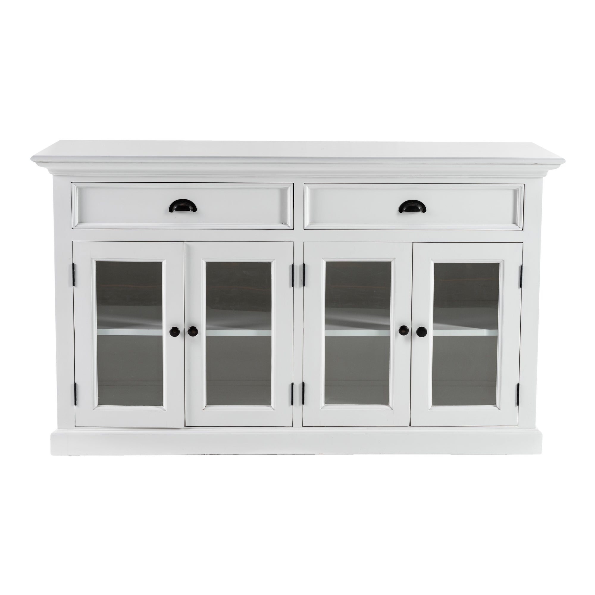 Dressoir Braansy Wit van MDF met 2 lades en 4 glazen deuren, strak wit design en ruime opbergruimte
