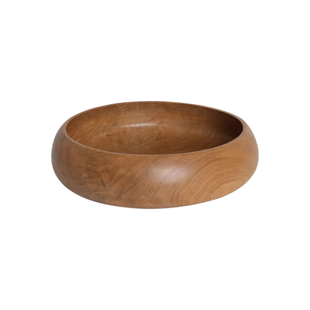 Schaal Vussen teak naturel, ronde decoratieve schaal met warme houtnerf en diepe binnenzijde