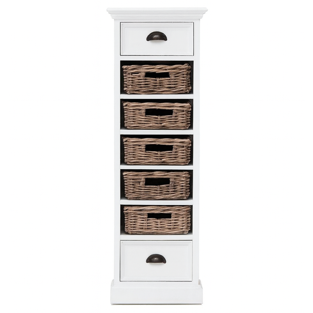 Mand Trurena MDF wit opbergkast met 5 rieten manden en 2 lades, slank en compact