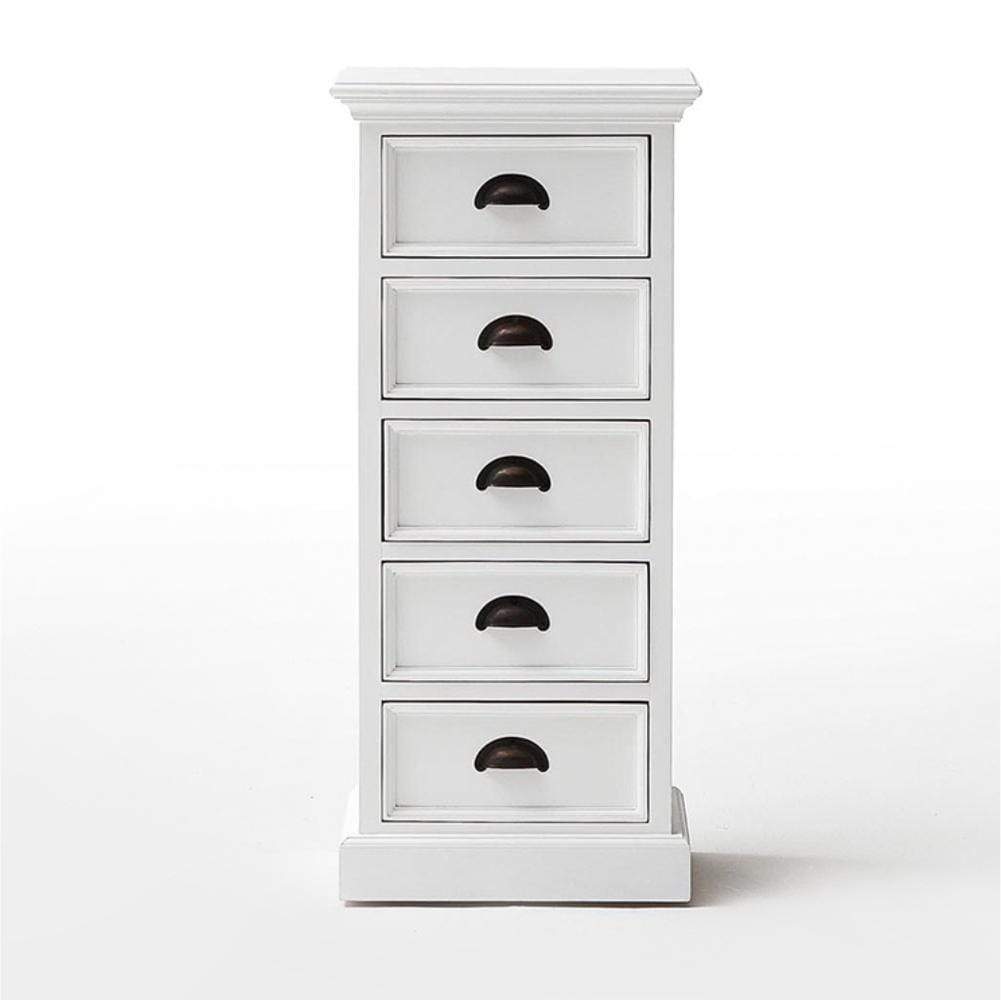 Opbergkast Fienny wit, smalle MDF kast met 5 lades voor compacte opbergruimte