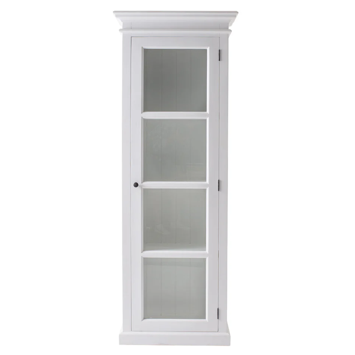 Witte vitrinekast Kommano 50 cm met glazen deur en slank design, ideaal voor servies en woonaccessoires