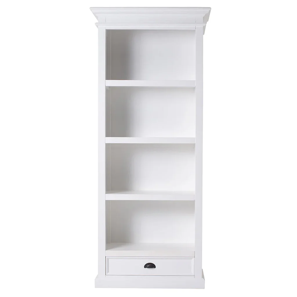 Boekenkast Jikes Wit 80 cm, slanke MDF kast met 4 open planken en lade