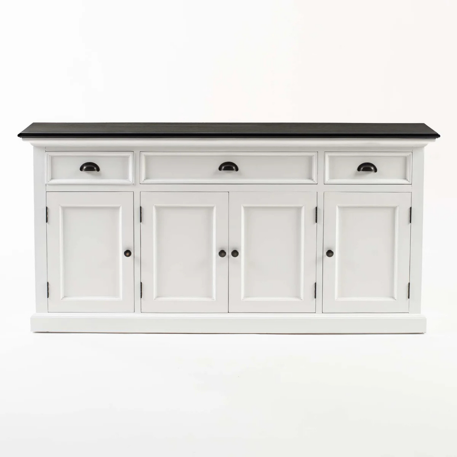 Witte sidetable Reeni MDF met zwarte bovenkant, drie lades en vier deuren in strak klassiek design