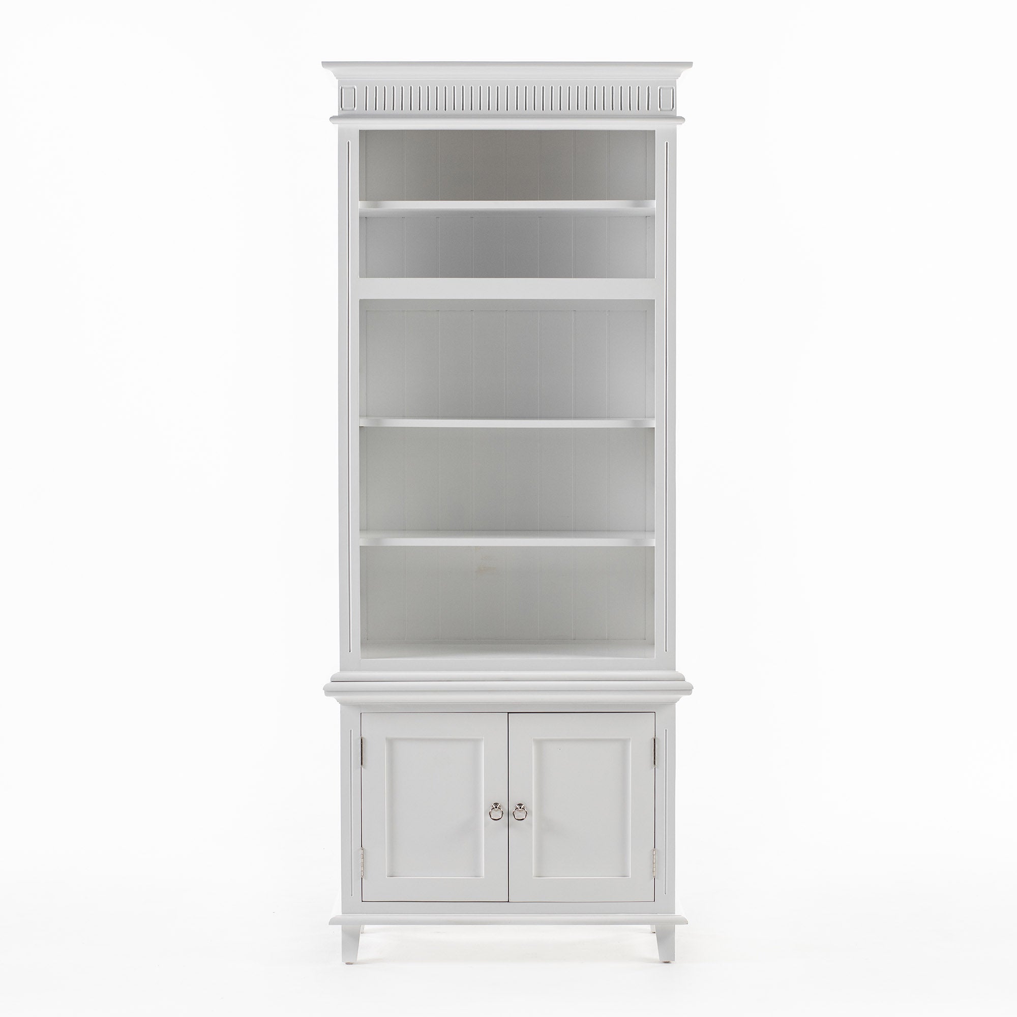 Opzetkast Tarnes Wit met open vakken en dubbele deuren, slank Scandinavisch design in wit MDF