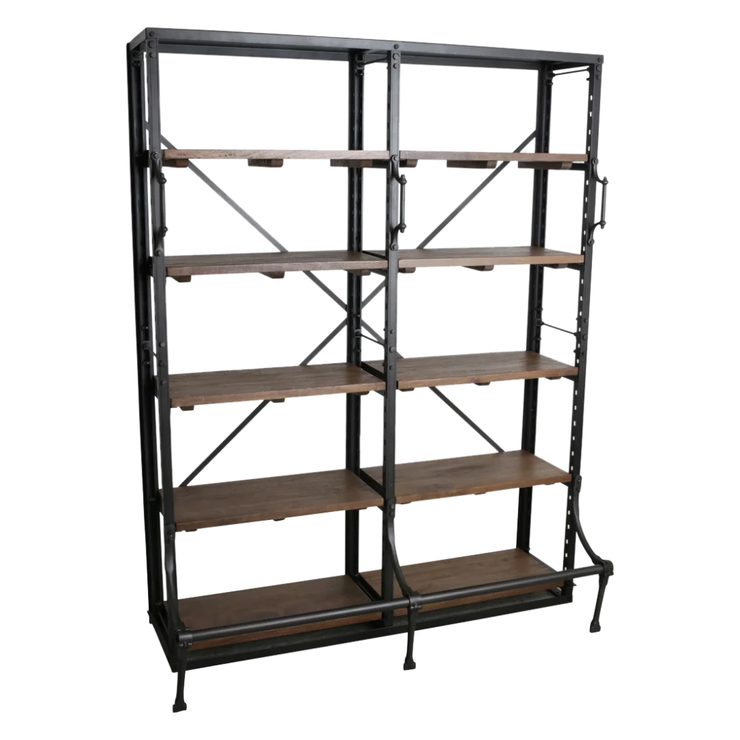 Boekenkast Bironte Naturel 200 cm met houten planken en zwart ijzeren frame, industriële stijl