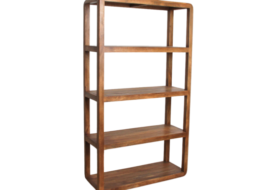 Rek Skimmang mangohout 177 cm, bruin opbergrek met vijf planken en smal open ontwerp