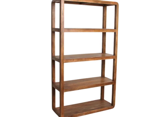 Rek Skimmang mangohout 177 cm, bruin opbergrek met vijf planken en smal open ontwerp