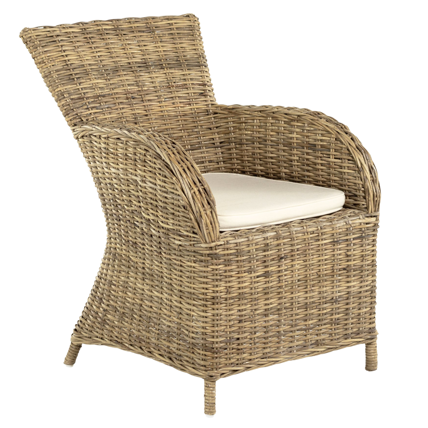 Fauteuil Flardora van gevlochten MDF met wit kussen, natuurlijke rotanlook en hoge rugleuning