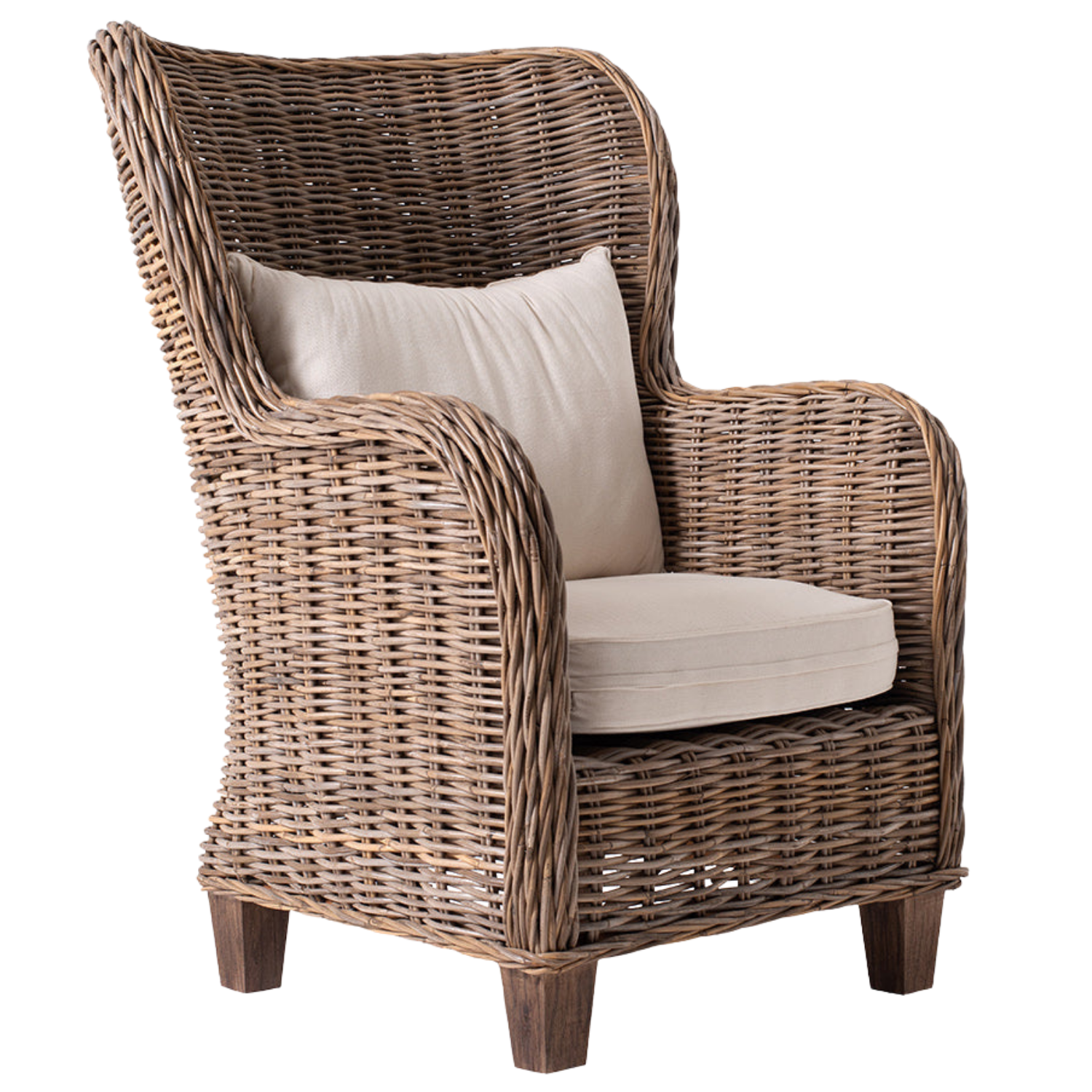 Fauteuil Fumik MDF wit, royale rotan-look met beige kussens en hoge rugleuning