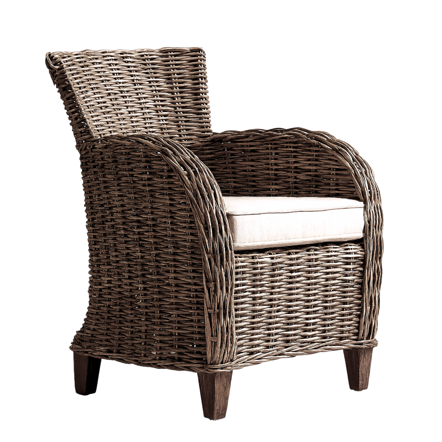 Fauteuil Broonsand MDF wit, gevlochten wicker met witte zitkussen en houten poten